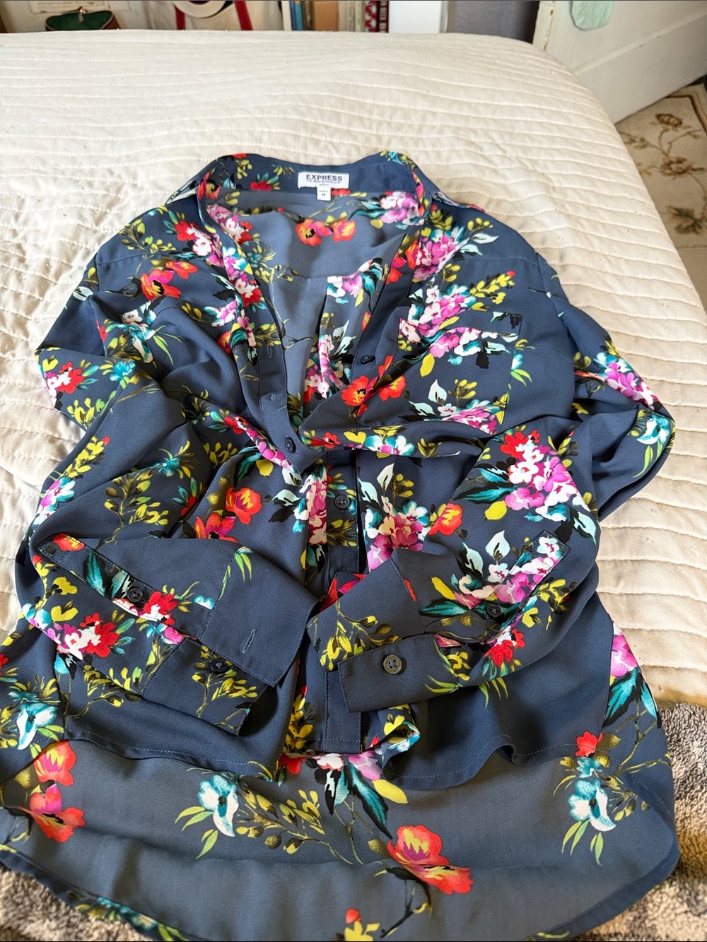 Express Navy Floral Button-Front Shitt